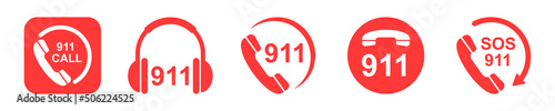 Emergency 911 call vector icons. Red sos icons. Help number. International hotline.