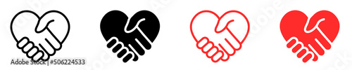 Abstract set with red and black handshakes heart vector icons. Sign friendship or partnership icons. Peace and love symbol. Sign agreement. 