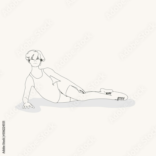 Lying woman. Sport girl illustration. Casual sportwear - t-shirt, breeches and sneakers. Young woman wearing workout clothes. Sport fashion girl outline in urban casual style.