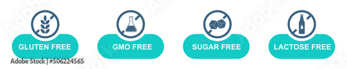 Set with icons: gluten, GMO, lactose and sugar free. Label or badge for packaging food. Vector collection.