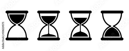 Hourglass vector icons set. Running hourglass. Old timer. Vector black silhouette.