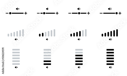 Level volume adjustment vector icons on white background. Vector set with level volume from low to high. Balance for sound.