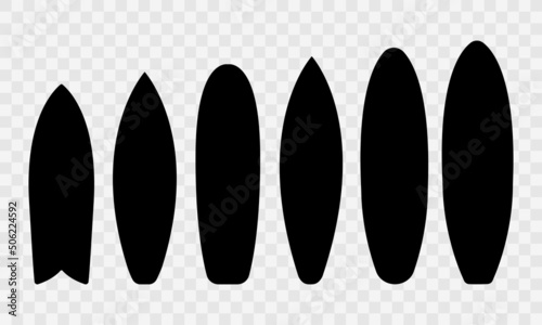 Set with surfboard icon. Black silhouette of type surfboard. Vector set. photo