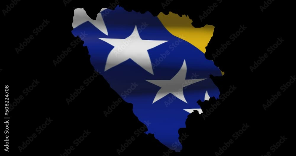 Bosnia and Herzegovina national flag on map outline, waving animation. 4K alpha channel graphic footage of country shape