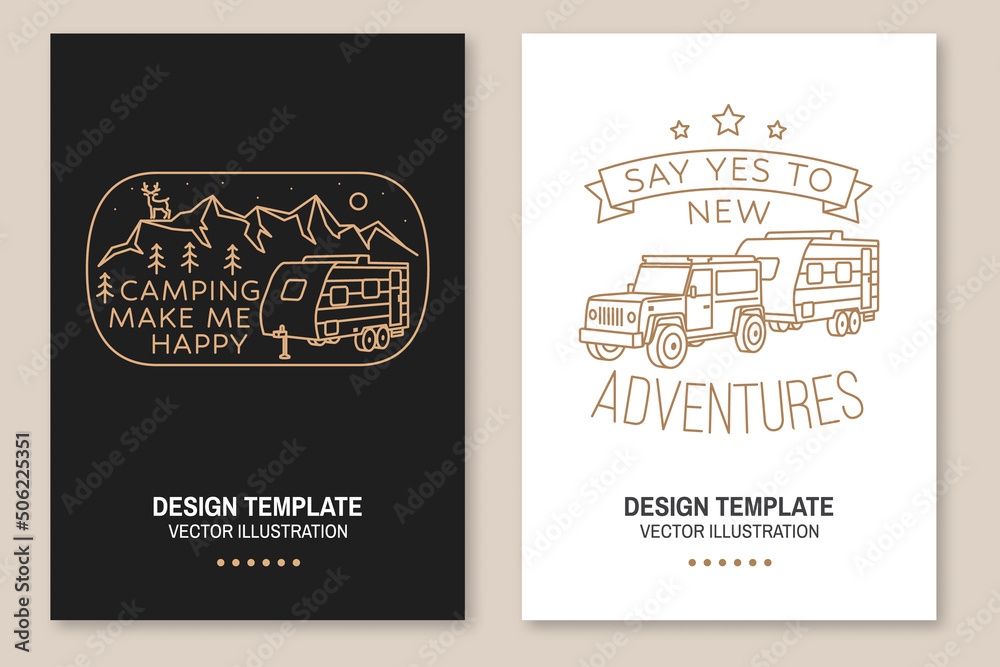 Say yes to new adventure. Camping. Vector illustration. Concept for shirt or logo, print, stamp or tee. Set of Line art flyer, brochure, banner, poster with off-road car, RV Motorhome and forest. - obrazy, fototapety, plakaty 