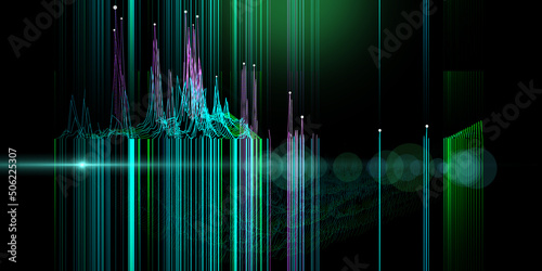 Abstract background with bending 3d wireframe grid and color lines. Visual presentation of 3d analytics algorithms. Big data.