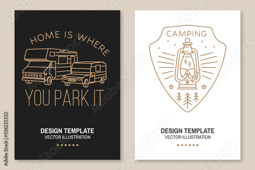 Home is where you park it. Summer camp. Vector illustration. Set of Line art flyer, brochure, banner, poster with RV Motorhome, camping trailer, camp lantern and off-road car.