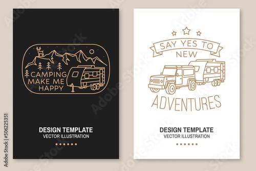 Say yes to new adventure. Camping. Vector illustration. Concept for shirt or logo, print, stamp or tee. Set of Line art flyer, brochure, banner, poster with off-road car, RV Motorhome and forest.