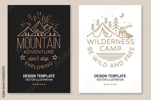 Wilderness camp. Be wild and free. Mountains related line art quote. Vector illustration. Set of Line art flyer  brochure  banner  poster with campin tent  axe and forest silhouette.