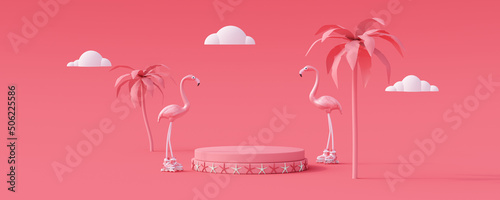 Summer vacation concept with podium for products. Flamingo and palm tree on pink background 3D Render 3D illustration