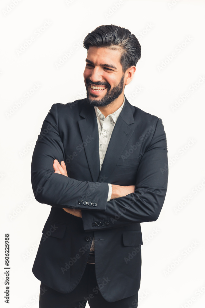 Vertical shot of a Latin bearded happy and smiling man in a black suit . High quality photo Vertical shot of a Latin bearded happy and smiling man in a black suit . High quality photo