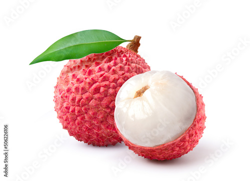 Juicy Lychee with cut in half isolated on white background. Clipping path. photo