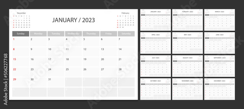 Calendar 2023 week start Sunday corporate design planner template.