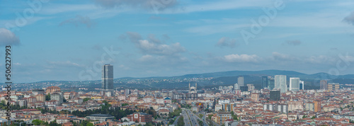 Panoramic aerial view of Istanbul's Umraniye district on the Anatolian side against a backdrop of hills, blue sky and clouds