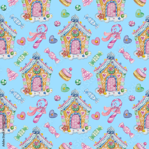 Watercolor Christmas pattern with gingerbread houses and sweets