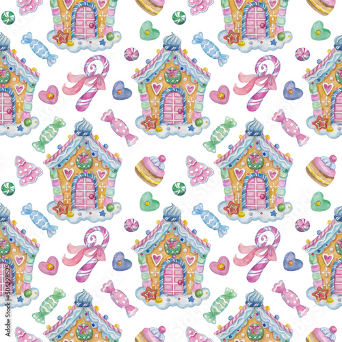 Watercolor Christmas pattern with gingerbread houses and sweets