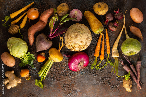Assortment of Vegetables and root vegetables on textured background. Autumn harvest. Healthy food and vegetarian concept.