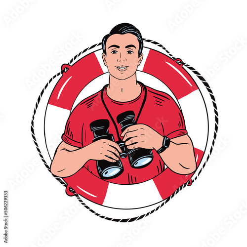 The lifeguard is holding binoculars with a lifebuoy logo in his hands.Colorful hand drawn sketch.Vector illustration.