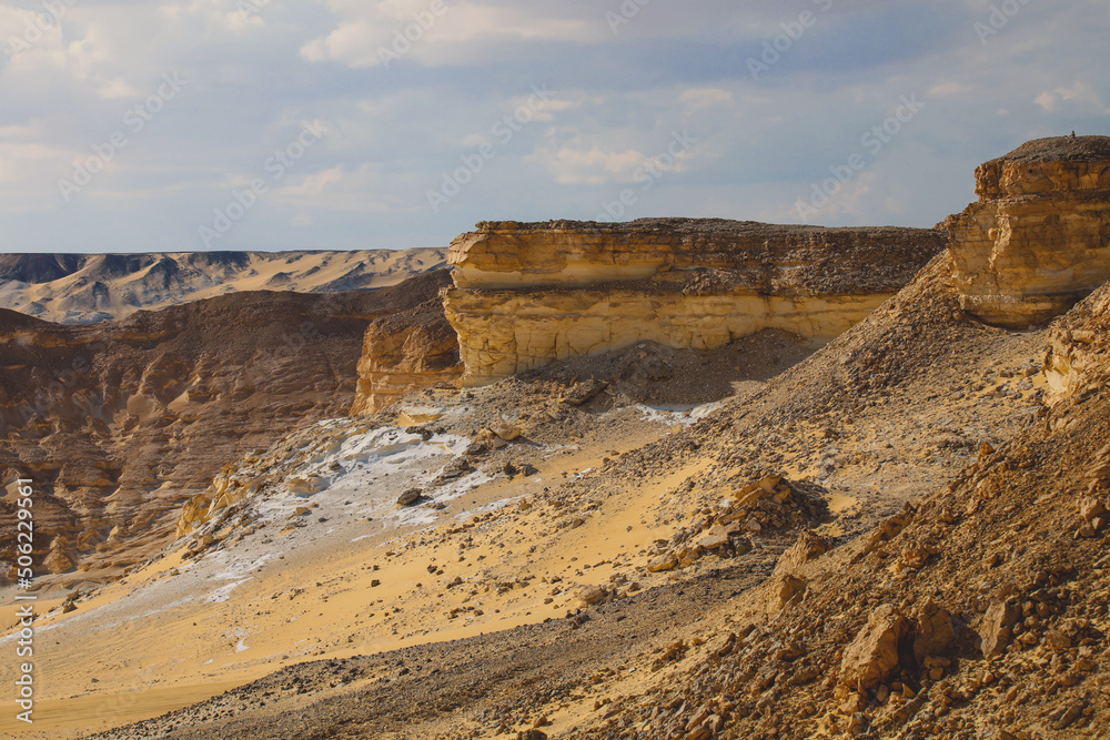 Panoramic View to the Sandy Hills in the Black Desert, is National park in the Farafra Oasis, Egypt