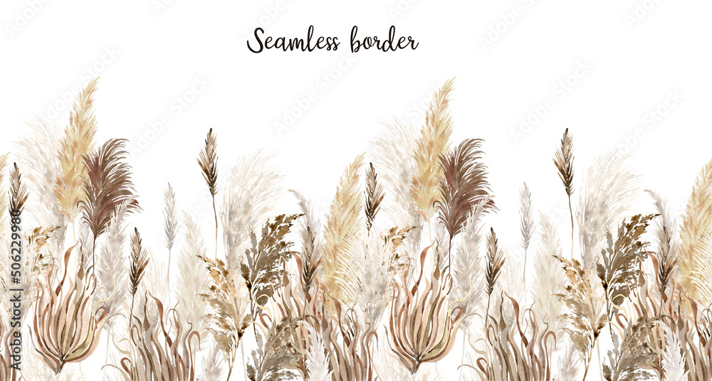 Watercolor pampas grass seamless border. Repeatable boho dried grass