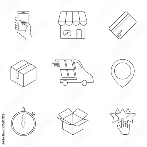 Online shopping and delivery. Simple black symbols. Vector illustration. EPS 10