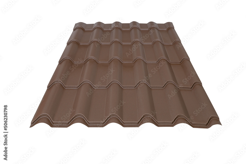 Brown Metal tile roof sheet isolated on white background. Material for roof. Brown Metal tile roof sheet isolated on white background. Material for roof.