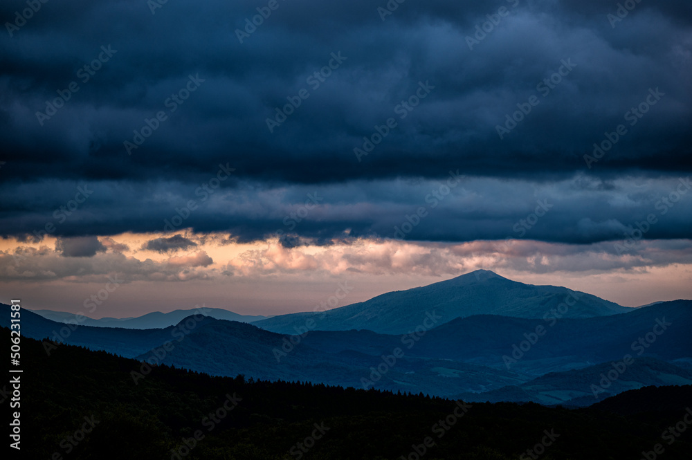 Dramatic cloudy sky over the mountains. Ostra Hora, The Carpathians, Ukraine.