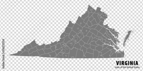 State Virginia map on transparent background. Blank map of  Virginia with  regions in gray for your web site design, logo, app, UI. USA. EPS10.