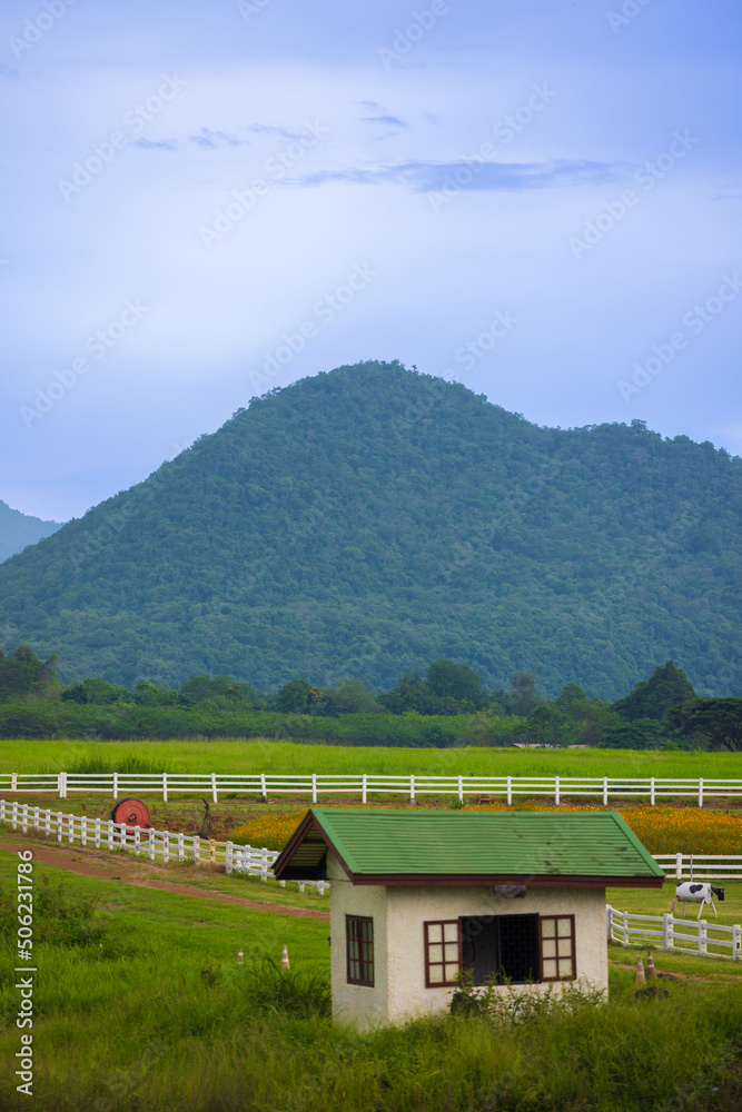 The green ranch behind the mountain has a bright blue sky. The green ranch behind the mountain has a bright blue sky.