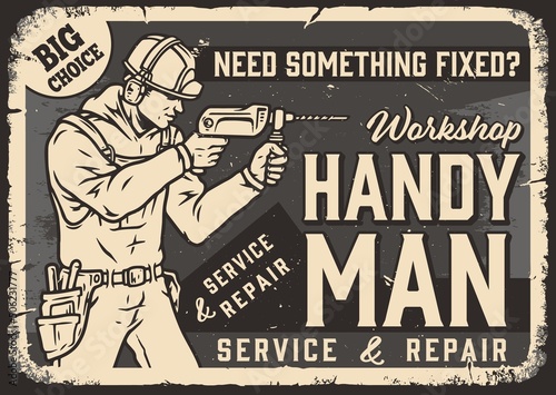 Construction worker with drill monochrome poster