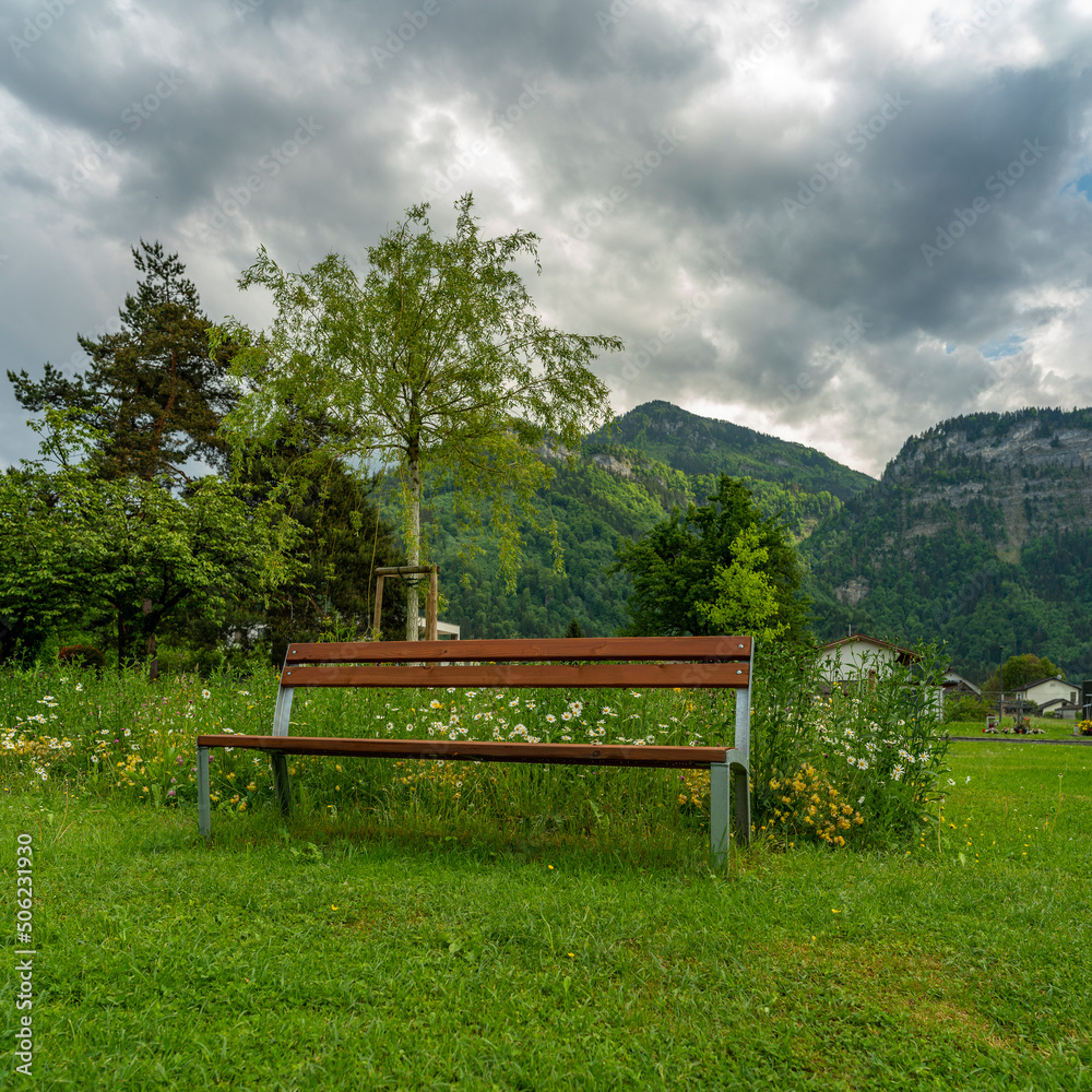 eine Parkbank auf einer Wiese mit vielen verschiedenen Blumen und Margeriten, an einem trüben Tag, mit Bäumen und Bergen im Hintergrund. eine Parkbank auf einer Wiese mit vielen verschiedenen Blumen und Margeriten, an einem trüben Tag, mit Bäumen und Bergen im Hintergrund.
