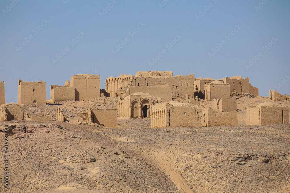 Panoramic View to an ancient Christian cemetery in El Bagawat, one of the oldest in the world, which functioned at the Kharga Oasis in southern-central Egypt Panoramic View to an ancient Christian cemetery in El Bagawat, one of the oldest in the world, which functioned at the Kharga Oasis in southern-central Egypt