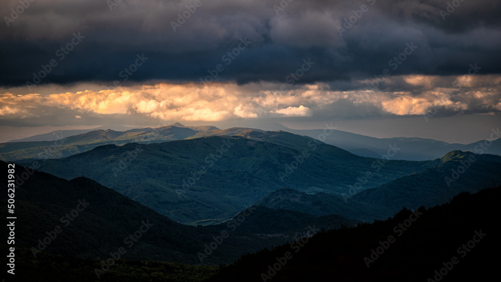 Dramatic cloudy sky over the mountains. Pikui mountain range, Bieszczady, Carpathians, Ukraine.