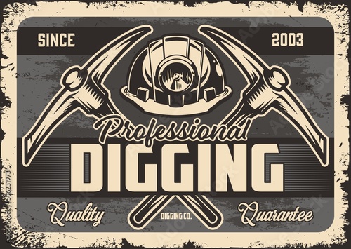 Digging equipment monochrome vintage poster
