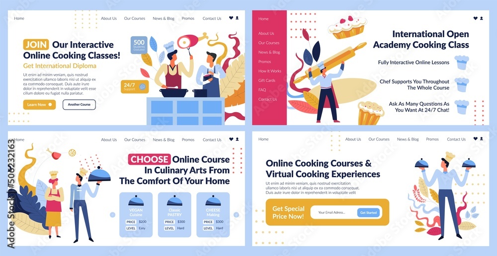 Online cooking class advertising at web banner set