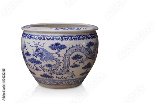 antique white and blue ceramic pot on white background, object, vintage, decor, modern, copy space