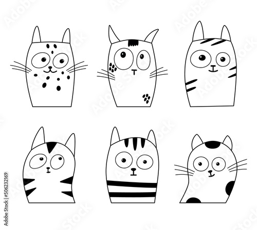 Vector set of cute cat faces with different emotions. Doodle style.Design elements for fabric,paper goods, cards. Isolated on white background. 