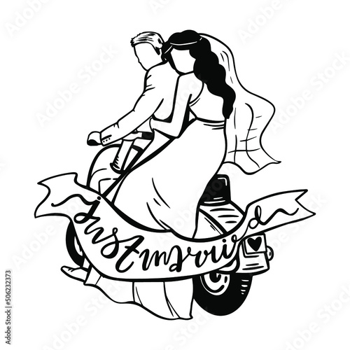 Just married moto vector outline illustration. Great design for any purposes. Happy family banner design.