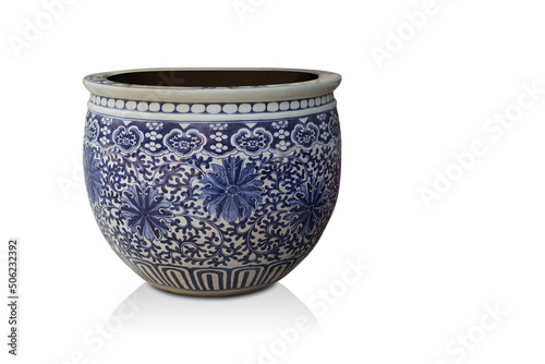 front view antique white and blue ceramic pot on white background, vintage, object, decor, fashion, copy space