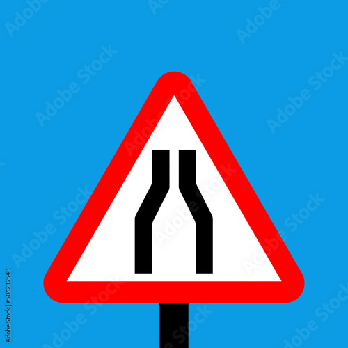 Warning triangle Road narrows on both sides on this road sign