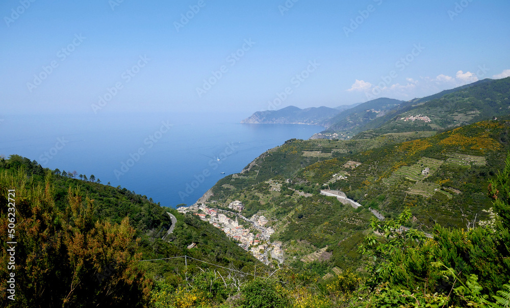 Rural and touristic landscape in the territory of Riomaggiore at the Cinque Terre in the Liguria, Italy 