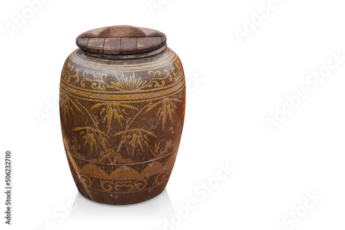 top view old wooden lid on brown and yellow pot on white background, object, vintage, retro, decor, copy space