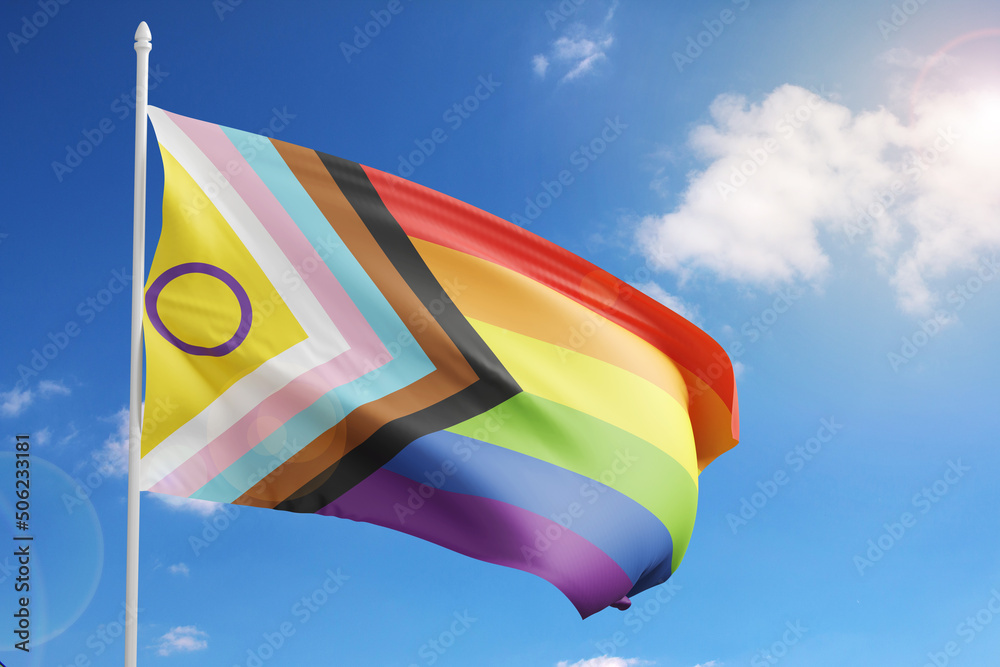 Intersex Inclusive Progress Pride Flag On Sky Background 3d Illustration Stock Illustration