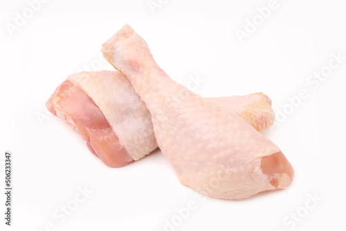 Raw chicken legs on white background isolated. Chicken meat. Diet meat.