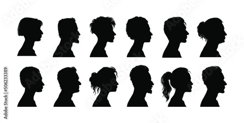Set of diversity women and men silhouette portraits. Female and male head, face profile, vignette. Hand drawn illustration for invitation, postcard. Portraits of people with a hairstyle. Vector.	