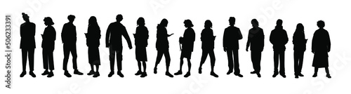 Set of vector silhouettes of men and a women  a group of standing business people  black color isolated on white background