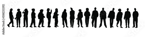 Set of vector silhouettes of men and a women  a group of standing business people  black color isolated on white background