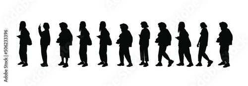 Set of vector silhouettes of men and a women, a group of standing business people, black color isolated on white background	
