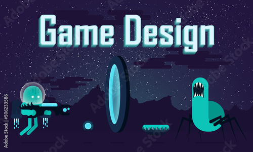 Game level design. Alien flat 2D arcade shooter.