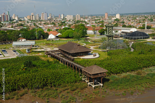 Aerial view of Mangal das Garças, landscaped gardens with a riverside observation tower & ponds. Important tourist attraction of Belém do Pará, Amazon, North Brazil.  August , 2005.